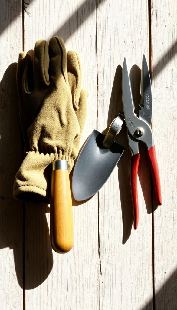 A sun-dappled still life showcasing simple yet essential gardening tools: a pair of well-worn gardening gloves, a hand trowel with a smooth wooden handle, and a pair of sharp pruning shears gleaming in the soft natural light. The objects are arranged thoughtfully on a weathered wooden surface, creating a sense of order and care. The overall mood is one of quiet contemplation, inviting the viewer to appreciate the value of gentle, mindful work in the garden. A sun-dappled still life showcasing simple yet essential gardening tools: a pair of well-worn gardening gloves, a hand trowel with a smooth wooden handle, and a pair of sharp pruning shears gleaming in the soft natural light. The objects are arranged thoughtfully on a weathered wooden surface, creating a sense of order and care. The overall mood is one of quiet contemplation, inviting the viewer to appreciate the value of gentle, mindful work in the garden.
