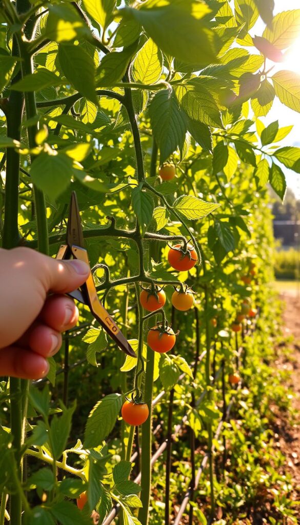 A sun-dappled tomato patch, the leaves gently swaying as a skilled gardener carefully prunes away the older, lower foliage. Warm light filters through the canopy, casting a golden glow over the scene. In the foreground, nimble fingers delicately snip away excess growth, exposing the plant's sturdy stems and ripening fruit. The middle ground showcases the lush, vibrant green of the tomato plants, their branches trained along sturdy supports. In the background, a verdant garden backdrop frames the productive tomato patch, hinting at the bountiful harvest to come. Captured with a shallow depth of field, the image conveys a sense of tranquility and the quiet, focused work of the tomato plant enthusiast.