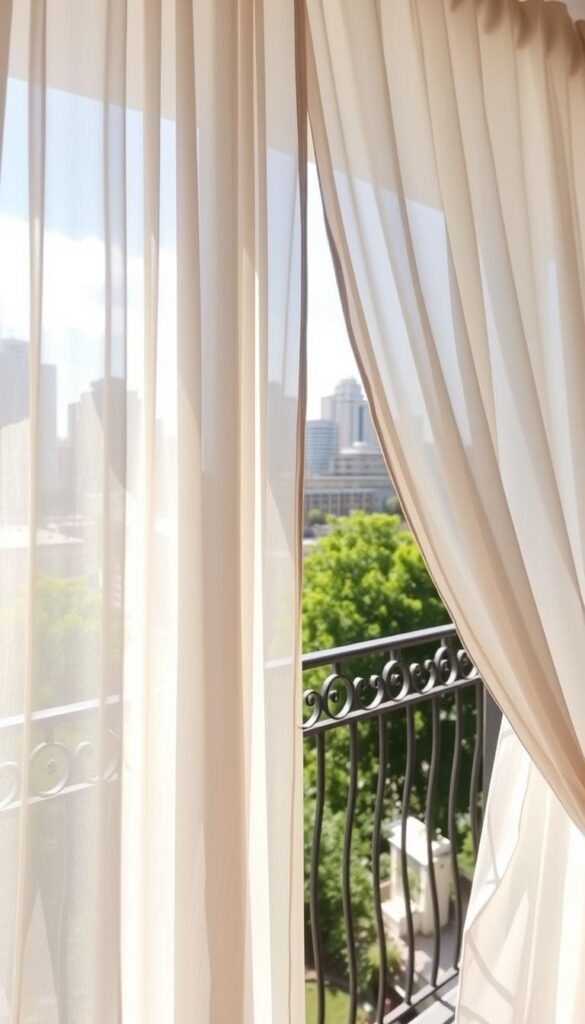 A sun-drenched balcony framed by delicate outdoor curtains, billowing gently in a light breeze. The curtains, made of sheer, weather-resistant fabric, provide a touch of privacy and softness to the space. A wrought-iron balcony railing runs along the edges, creating a cozy, intimate atmosphere. In the background, a cityscape of tall buildings and lush greenery sets the scene, hinting at the urban setting. The lighting is natural, with the sun's rays filtering through the curtains, casting a warm, inviting glow. The overall composition emphasizes the harmony between indoor and outdoor living, creating a perfect spot for relaxation and enjoyment.