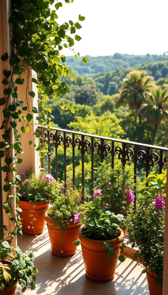 A sun-drenched balcony overlooking a lush, verdant landscape. The floor is adorned with terra-cotta planters overflowing with vibrant, thriving foliage - trailing vines, blooming flowers, and verdant herbs. A wrought-iron railing frames the scene, casting intriguing shadows across the space. Gentle breezes ruffle the leaves, creating a soothing, tranquil ambiance. Warm, diffused light filters in through the south-facing windows, casting a golden glow over the entire scene. The balcony is a serene oasis, a perfect setting to showcase the best containers for balcony or patio plants that thrive in varied light, wind, and weather conditions.