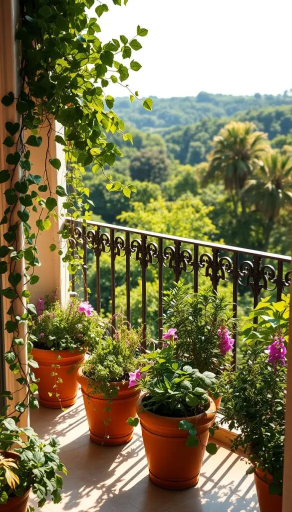A sun-drenched balcony overlooking a lush, verdant landscape. The floor is adorned with terra-cotta planters overflowing with vibrant, thriving foliage - trailing vines, blooming flowers, and verdant herbs. A wrought-iron railing frames the scene, casting intriguing shadows across the space. Gentle breezes ruffle the leaves, creating a soothing, tranquil ambiance. Warm, diffused light filters in through the south-facing windows, casting a golden glow over the entire scene. The balcony is a serene oasis, a perfect setting to showcase the best containers for balcony or patio plants that thrive in varied light, wind, and weather conditions. A sun-drenched balcony overlooking a lush, verdant landscape. The floor is adorned with terra-cotta planters overflowing with vibrant, thriving foliage - trailing vines, blooming flowers, and verdant herbs. A wrought-iron railing frames the scene, casting intriguing shadows across the space. Gentle breezes ruffle the leaves, creating a soothing, tranquil ambiance. Warm, diffused light filters in through the south-facing windows, casting a golden glow over the entire scene. The balcony is a serene oasis, a perfect setting to showcase the best containers for balcony or patio plants that thrive in varied light, wind, and weather conditions.