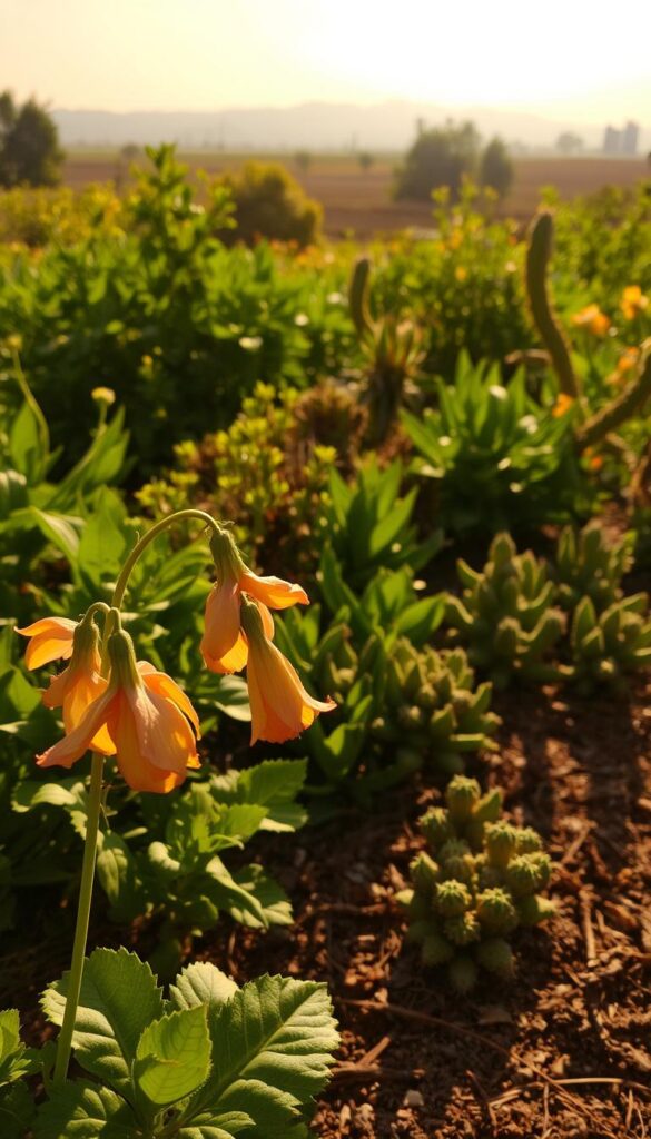 A sun-drenched garden scene, where lush, verdant plants appear weary and wilted under the relentless glare. In the foreground, delicate flower petals droop listlessly, their vibrant hues muted by the harsh light. Leaves curl inwards, desperate for respite from the scorching rays. The middle ground reveals a mix of hardy succulents and parched foliage, their resilience tested by the unforgiving sun. In the background, a hazy horizon underscores the oppressive atmosphere, with a warm, golden glow casting long shadows across the parched soil. The overall mood is one of exhaustion and stress, a visual representation of the plants' struggle to survive in this sun-drenched environment.