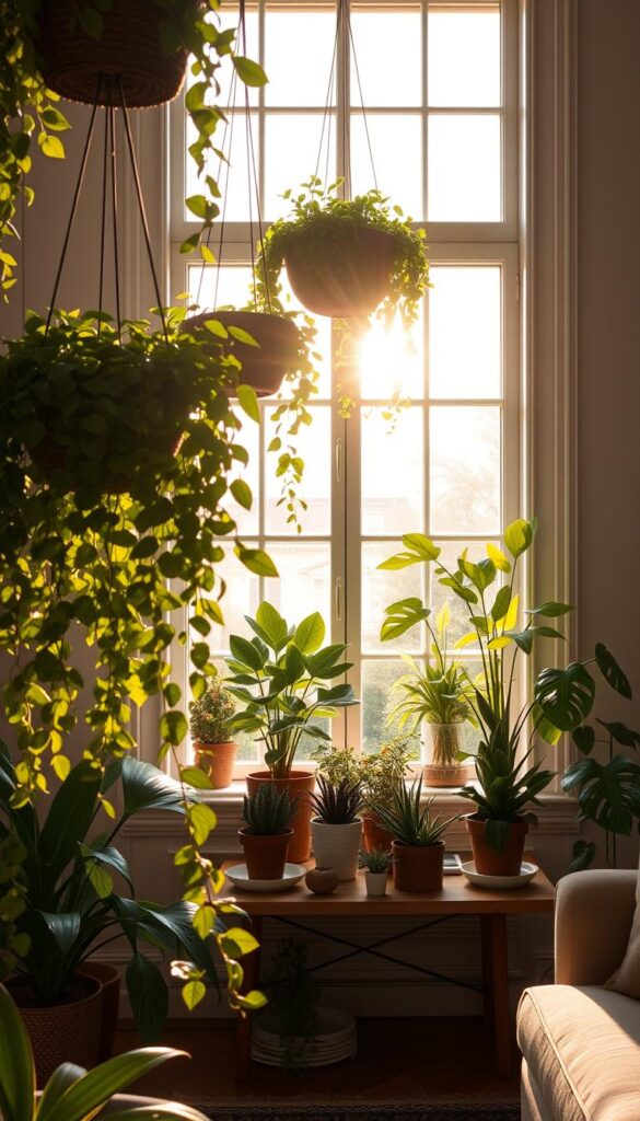 A sun-drenched living room with an elegant window display showcasing a curated selection of thriving indoor plants. In the foreground, lush foliage cascades from hanging baskets, their leaves gently swaying in the soft natural light. In the middle ground, a wooden plant stand holds a variety of potted succulents and leafy greens, strategically placed to capture the optimal illumination. The background features a large window with an exquisite frame, allowing the warm glow of the sun to filter through and create a serene, nature-inspired ambiance. The overall scene exudes a sense of tranquility and harmony, inviting the viewer to consider how to thoughtfully incorporate plants into their own modern living spaces.
