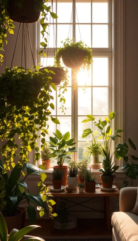 A sun-drenched living room with an elegant window display showcasing a curated selection of thriving indoor plants. In the foreground, lush foliage cascades from hanging baskets, their leaves gently swaying in the soft natural light. In the middle ground, a wooden plant stand holds a variety of potted succulents and leafy greens, strategically placed to capture the optimal illumination. The background features a large window with an exquisite frame, allowing the warm glow of the sun to filter through and create a serene, nature-inspired ambiance. The overall scene exudes a sense of tranquility and harmony, inviting the viewer to consider how to thoughtfully incorporate plants into their own modern living spaces. A sun-drenched living room with an elegant window display showcasing a curated selection of thriving indoor plants. In the foreground, lush foliage cascades from hanging baskets, their leaves gently swaying in the soft natural light. In the middle ground, a wooden plant stand holds a variety of potted succulents and leafy greens, strategically placed to capture the optimal illumination. The background features a large window with an exquisite frame, allowing the warm glow of the sun to filter through and create a serene, nature-inspired ambiance. The overall scene exudes a sense of tranquility and harmony, inviting the viewer to consider how to thoughtfully incorporate plants into their own modern living spaces.