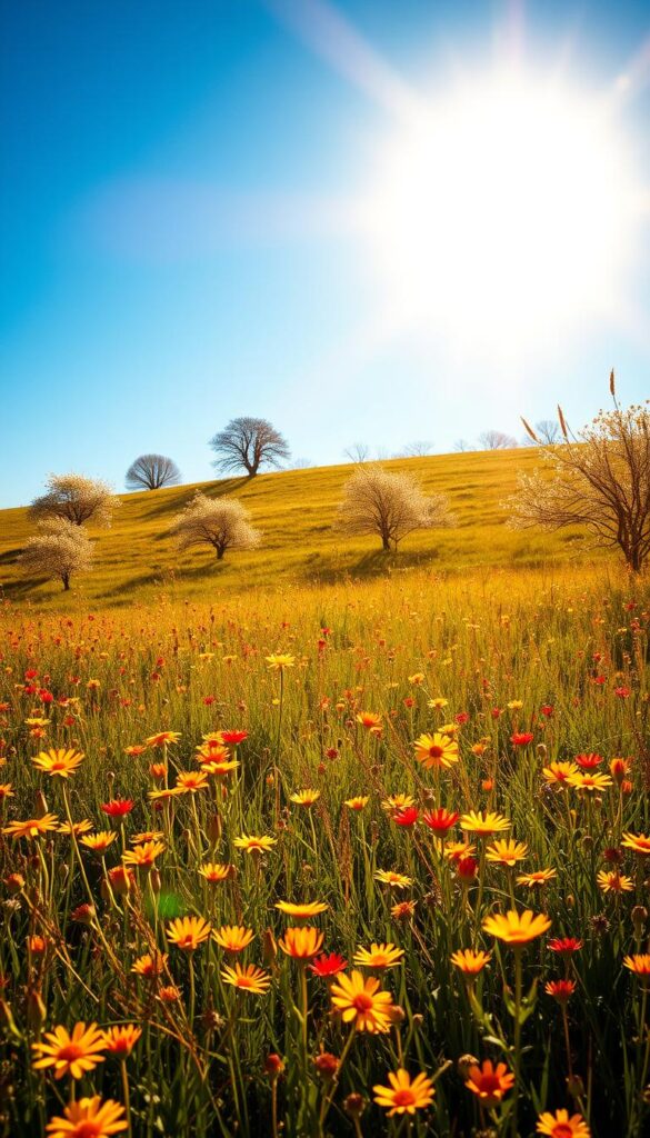 A sun-drenched meadow in early spring, bathed in warm golden light. The foreground features a lush carpet of vibrant wildflowers in bloom, their petals catching the sun's radiant glow. In the middle ground, a gently rolling hillside is dotted with clusters of flowering trees, their branches swaying softly in a light breeze. The background is dominated by a cloudless azure sky, with the sun hovering high in the frame, its rays cascading over the entire scene. The overall impression is one of natural beauty, tranquility, and the promise of new growth after a long winter. The composition is balanced, with a harmonious interplay of light, color, and texture.