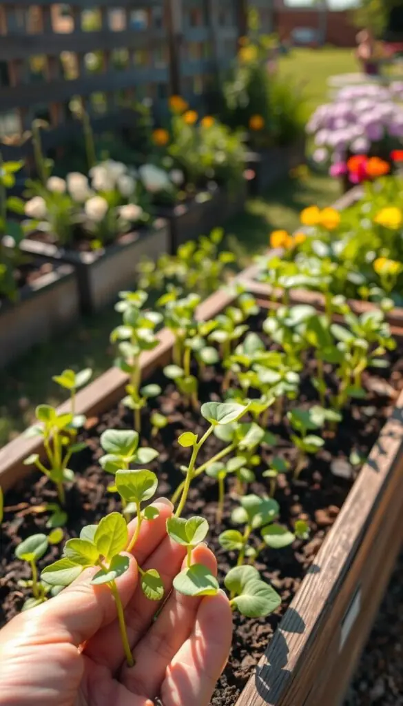 A sun-drenched outdoor scene, a raised garden bed filled with verdant seedlings, their tender leaves gently rustling in a soft breeze. In the foreground, a gardener's hands carefully harden off the delicate plants, gradually exposing them to the elements - the warmth of the sun, the coolness of the air - to prepare them for transplant. The middle ground shows the seedlings' journey, their gradual acclimation to the great outdoors, while the background features a lush, blooming garden, a promise of the flowers to come. Warm, natural lighting bathes the scene, captured through a wide-angle lens, conveying a sense of tranquility and the patient, nurturing process of hardening off. A sun-drenched outdoor scene, a raised garden bed filled with verdant seedlings, their tender leaves gently rustling in a soft breeze. In the foreground, a gardener's hands carefully harden off the delicate plants, gradually exposing them to the elements - the warmth of the sun, the coolness of the air - to prepare them for transplant. The middle ground shows the seedlings' journey, their gradual acclimation to the great outdoors, while the background features a lush, blooming garden, a promise of the flowers to come. Warm, natural lighting bathes the scene, captured through a wide-angle lens, conveying a sense of tranquility and the patient, nurturing process of hardening off.