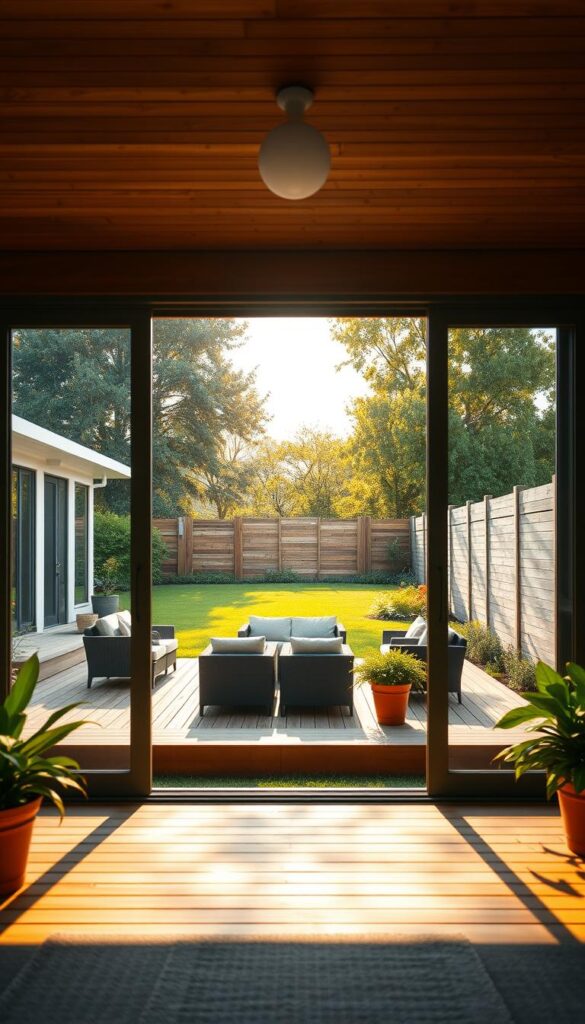A sun-drenched outdoor space with a seamless indoor-outdoor flow. In the foreground, a pair of tall, glass sliding doors open onto a spacious wooden deck, blurring the lines between interior and exterior. The deck is furnished with comfortable, modern seating arrangements, inviting relaxation and entertaining. Lush, verdant plants and potted greenery line the edges, creating a natural ambiance. The middle ground features a well-maintained lawn, dotted with strategically placed stones or pavers, leading the eye towards the background. Here, a beautiful, rustic wooden fence or retaining wall provides a charming, weathered contrast, framing the scene. Overhead, a warm, golden sunlight filters through a canopy of mature trees, casting a soft, inviting glow across the entire space.