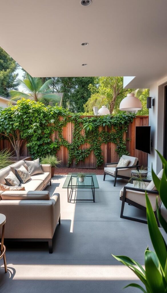 A sun-drenched patio with sleek, modern furniture. In the foreground, a low-profile sectional sofa in a neutral tone, complemented by plush cushions. Potted plants and a small side table add a touch of greenery and texture. The middle ground features a minimalist glass-top coffee table and a pair of angular, yet comfortable armchairs. In the background, a smooth, gray concrete floor leads to a wooden fence, partially obscured by a lush, verdant creeping vine. Soft, diffused lighting from overhead fixtures creates a warm, inviting ambiance, while a wide-angle lens captures the sense of spaciousness and seamless integration with the surrounding backyard. A sun-drenched patio with sleek, modern furniture. In the foreground, a low-profile sectional sofa in a neutral tone, complemented by plush cushions. Potted plants and a small side table add a touch of greenery and texture. The middle ground features a minimalist glass-top coffee table and a pair of angular, yet comfortable armchairs. In the background, a smooth, gray concrete floor leads to a wooden fence, partially obscured by a lush, verdant creeping vine. Soft, diffused lighting from overhead fixtures creates a warm, inviting ambiance, while a wide-angle lens captures the sense of spaciousness and seamless integration with the surrounding backyard.
