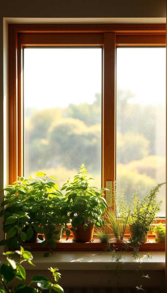 A sun-drenched, south-facing window with a lush indoor herb garden thriving on the sill. Soft, natural light streams in, casting a warm, golden glow on the vibrant green foliage of basil, rosemary, and oregano plants. The window frame is made of sleek, modern wood, complementing the minimalist decor of the cozy, plant-filled space. The view outside the window is a blurred, out-of-focus landscape, allowing the indoor plants to be the focal point. The overall scene conveys a sense of serenity, abundance, and the joys of cultivating a thriving indoor herb garden, even in the absence of direct sunlight. A sun-drenched, south-facing window with a lush indoor herb garden thriving on the sill. Soft, natural light streams in, casting a warm, golden glow on the vibrant green foliage of basil, rosemary, and oregano plants. The window frame is made of sleek, modern wood, complementing the minimalist decor of the cozy, plant-filled space. The view outside the window is a blurred, out-of-focus landscape, allowing the indoor plants to be the focal point. The overall scene conveys a sense of serenity, abundance, and the joys of cultivating a thriving indoor herb garden, even in the absence of direct sunlight.