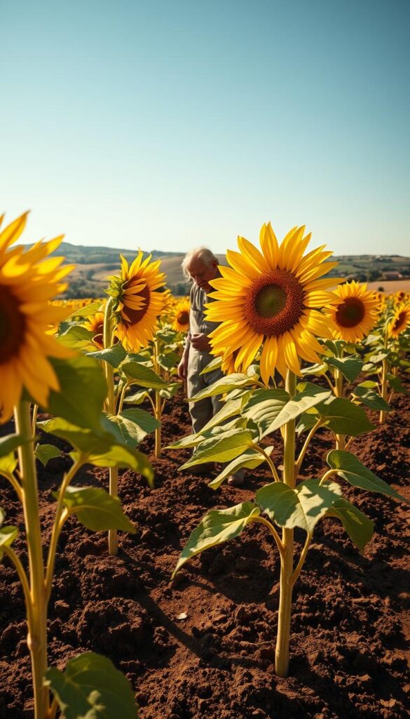 A sunlit field, golden-hued sunflowers swaying in the gentle breeze. Their broad leaves and sturdy stalks emerge from the rich, dark earth, capturing the ideal planting season. In the middle ground, a weathered farmer examines the soil, planning the optimal time to sow the vibrant seeds. The background fades into a picturesque rural landscape, rolling hills and a clear, azure sky. The scene is bathed in warm, natural light, casting long shadows and highlighting the sunflowers' vibrant petals. The overall mood is one of tranquility, anticipation, and the cyclical rhythm of nature. A sunlit field, golden-hued sunflowers swaying in the gentle breeze. Their broad leaves and sturdy stalks emerge from the rich, dark earth, capturing the ideal planting season. In the middle ground, a weathered farmer examines the soil, planning the optimal time to sow the vibrant seeds. The background fades into a picturesque rural landscape, rolling hills and a clear, azure sky. The scene is bathed in warm, natural light, casting long shadows and highlighting the sunflowers' vibrant petals. The overall mood is one of tranquility, anticipation, and the cyclical rhythm of nature.