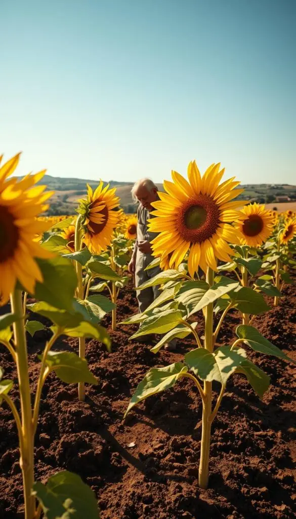 A sunlit field, golden-hued sunflowers swaying in the gentle breeze. Their broad leaves and sturdy stalks emerge from the rich, dark earth, capturing the ideal planting season. In the middle ground, a weathered farmer examines the soil, planning the optimal time to sow the vibrant seeds. The background fades into a picturesque rural landscape, rolling hills and a clear, azure sky. The scene is bathed in warm, natural light, casting long shadows and highlighting the sunflowers' vibrant petals. The overall mood is one of tranquility, anticipation, and the cyclical rhythm of nature. A sunlit field, golden-hued sunflowers swaying in the gentle breeze. Their broad leaves and sturdy stalks emerge from the rich, dark earth, capturing the ideal planting season. In the middle ground, a weathered farmer examines the soil, planning the optimal time to sow the vibrant seeds. The background fades into a picturesque rural landscape, rolling hills and a clear, azure sky. The scene is bathed in warm, natural light, casting long shadows and highlighting the sunflowers' vibrant petals. The overall mood is one of tranquility, anticipation, and the cyclical rhythm of nature.