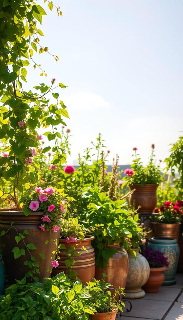 A sunlit garden oasis, lush with verdant container plantings. The foreground features an assortment of decorative pots and planters, expertly arranged to create a harmonious composition. Trailing vines, blooming flowers, and leafy greens spill out, bathed in warm, golden light. The middle ground showcases the carefully curated placement of the containers, strategically positioned to maximize sunlight exposure and visual impact. In the background, a serene, cloudless sky provides the perfect backdrop, accentuating the vibrant colors and textures of the plants. The overall scene exudes a sense of tranquility and rejuvenation, inviting the viewer to imagine the joys of container gardening and the abundance it can bring, even in the smallest of spaces. A sunlit garden oasis, lush with verdant container plantings. The foreground features an assortment of decorative pots and planters, expertly arranged to create a harmonious composition. Trailing vines, blooming flowers, and leafy greens spill out, bathed in warm, golden light. The middle ground showcases the carefully curated placement of the containers, strategically positioned to maximize sunlight exposure and visual impact. In the background, a serene, cloudless sky provides the perfect backdrop, accentuating the vibrant colors and textures of the plants. The overall scene exudes a sense of tranquility and rejuvenation, inviting the viewer to imagine the joys of container gardening and the abundance it can bring, even in the smallest of spaces.