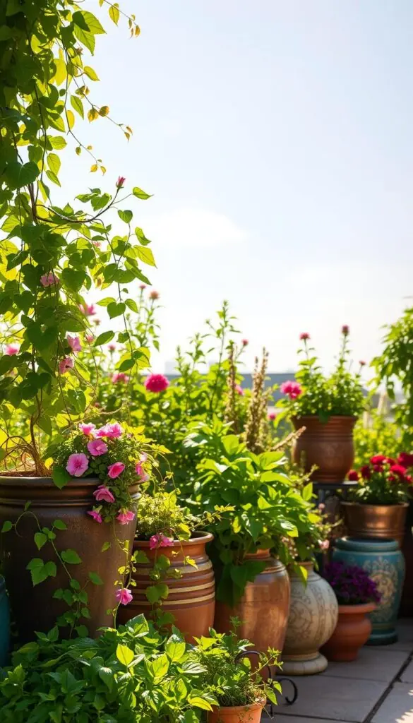 A sunlit garden oasis, lush with verdant container plantings. The foreground features an assortment of decorative pots and planters, expertly arranged to create a harmonious composition. Trailing vines, blooming flowers, and leafy greens spill out, bathed in warm, golden light. The middle ground showcases the carefully curated placement of the containers, strategically positioned to maximize sunlight exposure and visual impact. In the background, a serene, cloudless sky provides the perfect backdrop, accentuating the vibrant colors and textures of the plants. The overall scene exudes a sense of tranquility and rejuvenation, inviting the viewer to imagine the joys of container gardening and the abundance it can bring, even in the smallest of spaces. A sunlit garden oasis, lush with verdant container plantings. The foreground features an assortment of decorative pots and planters, expertly arranged to create a harmonious composition. Trailing vines, blooming flowers, and leafy greens spill out, bathed in warm, golden light. The middle ground showcases the carefully curated placement of the containers, strategically positioned to maximize sunlight exposure and visual impact. In the background, a serene, cloudless sky provides the perfect backdrop, accentuating the vibrant colors and textures of the plants. The overall scene exudes a sense of tranquility and rejuvenation, inviting the viewer to imagine the joys of container gardening and the abundance it can bring, even in the smallest of spaces.