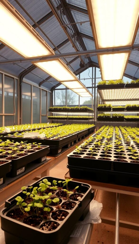 A sunlit greenhouse with a variety of seedlings thriving under the warm, gentle glow of LED lights. In the foreground, a small tray of delicate sprouts resting atop a heated mat, bathed in a soft, ambient light that nourishes their growth. In the middle ground, rows of seedling trays arranged on tiered shelves, each illuminated by strategically positioned LED panels that cast an even, full-spectrum radiance. The background features the transparent, glass-paneled walls of the greenhouse, allowing natural daylight to filter in and complement the artificial lighting, creating a harmonious balance of light and heat to support the healthy development of the young plants. A sunlit greenhouse with a variety of seedlings thriving under the warm, gentle glow of LED lights. In the foreground, a small tray of delicate sprouts resting atop a heated mat, bathed in a soft, ambient light that nourishes their growth. In the middle ground, rows of seedling trays arranged on tiered shelves, each illuminated by strategically positioned LED panels that cast an even, full-spectrum radiance. The background features the transparent, glass-paneled walls of the greenhouse, allowing natural daylight to filter in and complement the artificial lighting, creating a harmonious balance of light and heat to support the healthy development of the young plants.