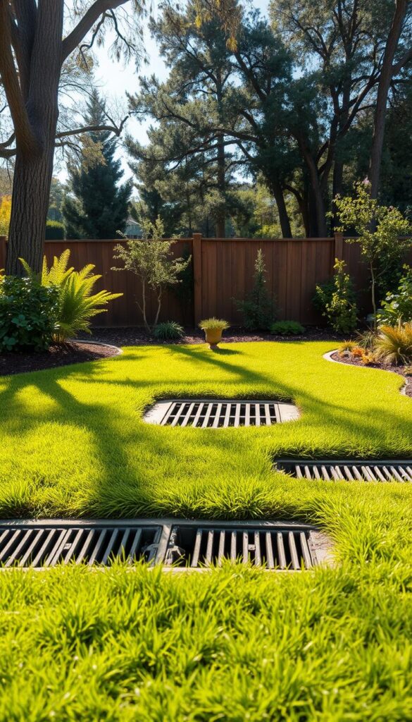 A sunlit landscaped backyard with a central focus on a well-designed yard drainage system. In the foreground, a neatly arranged set of rectangular concrete yard drains, their dark charcoal color contrasting with the lush green grass surrounding them. In the middle ground, a dry well covered with a grate, capturing excess water runoff and diverting it underground. The background features mature trees, shrubs, and a wooden fence, creating a serene, natural setting. The lighting is soft and diffused, with a warm, golden hue illuminating the scene. The overall atmosphere conveys an efficient, well-integrated drainage solution that seamlessly blends into the tranquil outdoor environment. A sunlit landscaped backyard with a central focus on a well-designed yard drainage system. In the foreground, a neatly arranged set of rectangular concrete yard drains, their dark charcoal color contrasting with the lush green grass surrounding them. In the middle ground, a dry well covered with a grate, capturing excess water runoff and diverting it underground. The background features mature trees, shrubs, and a wooden fence, creating a serene, natural setting. The lighting is soft and diffused, with a warm, golden hue illuminating the scene. The overall atmosphere conveys an efficient, well-integrated drainage solution that seamlessly blends into the tranquil outdoor environment.