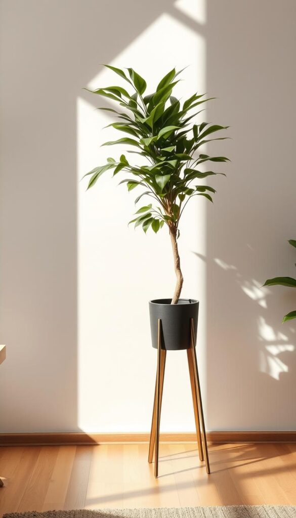A sunlit living room with a harmonious blend of natural textures and earthy tones. In the foreground, a tall floor plant stands proud, its lush foliage reaching towards the high ceiling. A sleek metal plant stand elevates the pot, creating a striking focal point. In the middle ground, a minimalist wooden stool provides additional height, its simple design complementing the organic elements. The background features a neutral-toned wall, allowing the plant and its accessories to take center stage. Soft, directional lighting casts gentle shadows, accentuating the sculptural forms and creating a sense of balance and serenity.