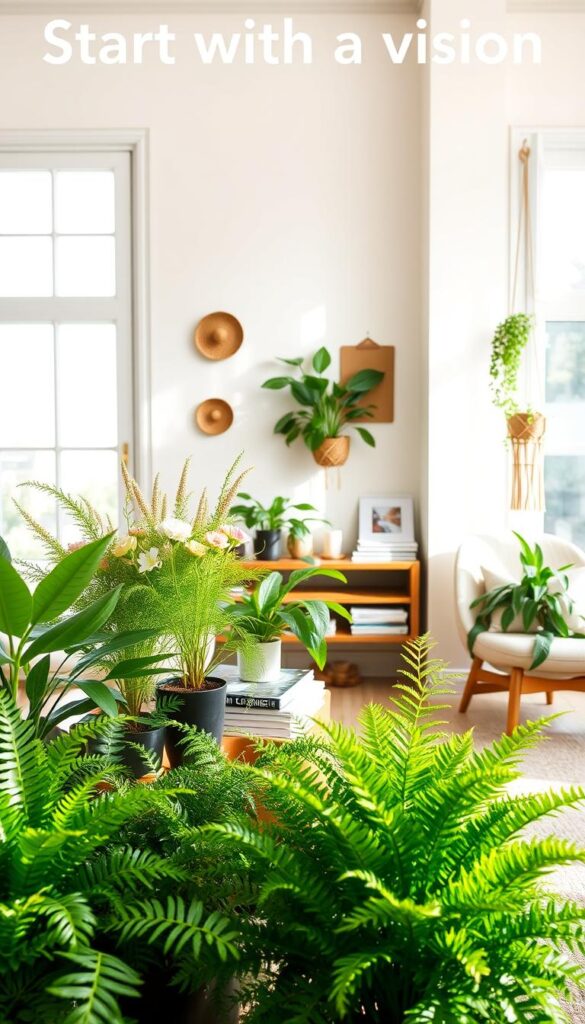 A sunlit living room with a large, airy window. In the foreground, an assortment of thriving potted plants in varying shades of green, from lush ferns to succulents. The middle ground features a wooden side table with a vase of fresh flowers, a stack of design magazines, and a cozy armchair. The background showcases a minimalist, neutral-toned wall decor, with a hint of natural textures like woven baskets or a macrame plant holder. The lighting is soft and diffused, creating a serene, inspiring atmosphere that embodies the "start with a vision" concept for styling plants in a living space.