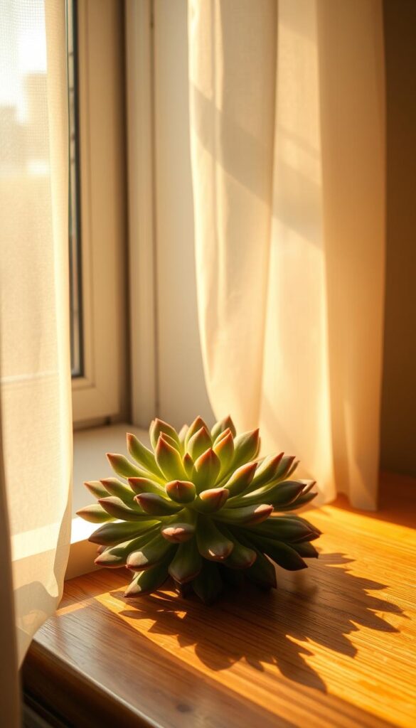 A sunlit succulent plant resting on a windowsill, its fleshy leaves casting soft, indirect shadows across a wooden surface. Warm, ambient light filters through a sheer curtain, creating a gentle, diffused illumination that highlights the plant's intricate textures and vibrant colors. The scene conveys a sense of tranquility and balance, inviting the viewer to experience the calming rhythm of natural light and the effortless beauty of low-maintenance succulents thriving in an indoor setting. A sunlit succulent plant resting on a windowsill, its fleshy leaves casting soft, indirect shadows across a wooden surface. Warm, ambient light filters through a sheer curtain, creating a gentle, diffused illumination that highlights the plant's intricate textures and vibrant colors. The scene conveys a sense of tranquility and balance, inviting the viewer to experience the calming rhythm of natural light and the effortless beauty of low-maintenance succulents thriving in an indoor setting.
