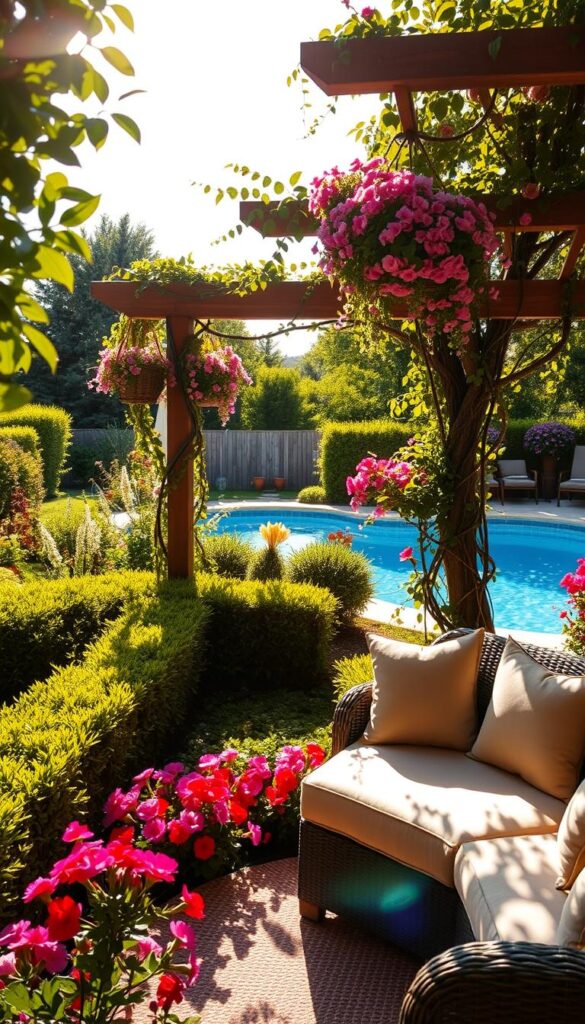 A sunlit summer backyard, lush with verdant foliage and vibrant blooms. In the foreground, a cozy seating area with plush cushions and a woven rug invites relaxation. Surrounding it, neatly trimmed hedges and flower beds in cheerful hues create a sense of lush, well-tended charm. In the middle ground, a wooden pergola casts delicate shadows, intertwined with trailing vines and hanging baskets overflowing with cascading florals. Beyond, a glimpse of a sparkling in-ground pool, its azure waters shimmering under the warm afternoon sun. The scene is bathed in a soft, golden light, evoking a serene, inviting atmosphere for easy outdoor living.