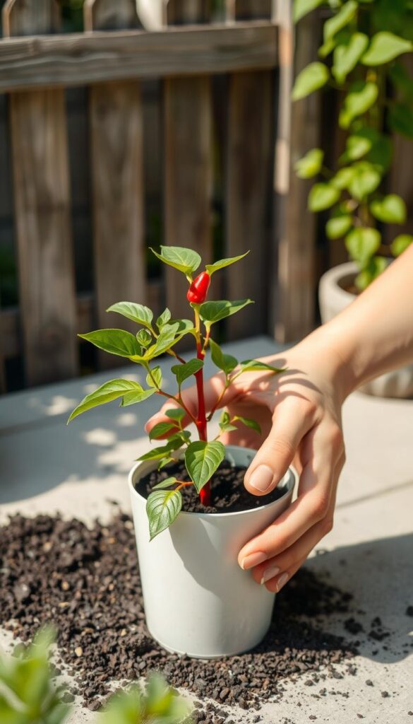A sunny patio, a freshly potted pepper plant taking root. Gentle hands carefully transferring the young seedling from its nursery container, the lush green leaves and vibrant red stem contrasting against the rich, dark soil. Soft, diffused light bathes the scene, creating a serene, inviting atmosphere. In the background, a weathered wooden fence and a hint of verdant foliage frame the moment, conveying a sense of nature and tranquility. The composition is balanced, with the potted plant taking center stage, its delicate form the focal point. A sense of care and attention to detail radiates from the scene, inviting the viewer to envision the journey of nurturing this pepper plant to full, bountiful maturity.