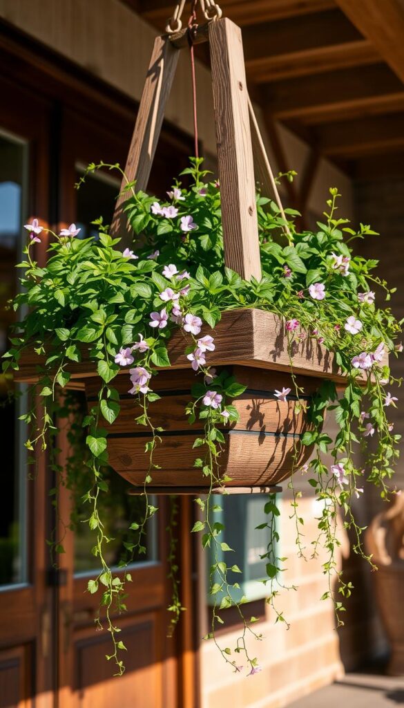 A sunny spring day, a wooden planter hangs on a rustic porch, overflowing with lush, verdant foliage. Cascading tendrils of vibrant trailing vines and delicate blooms spill over the edges, creating a captivating display. Soft, diffused natural light bathes the scene, highlighting the vibrant colors and textures. The planter's sturdy wooden frame casts a gentle, warm shadow, adding depth and dimension. A sense of peaceful tranquility and effortless elegance pervades the composition, inviting the viewer to pause and appreciate the simple, confident beauty of this planting day moment.