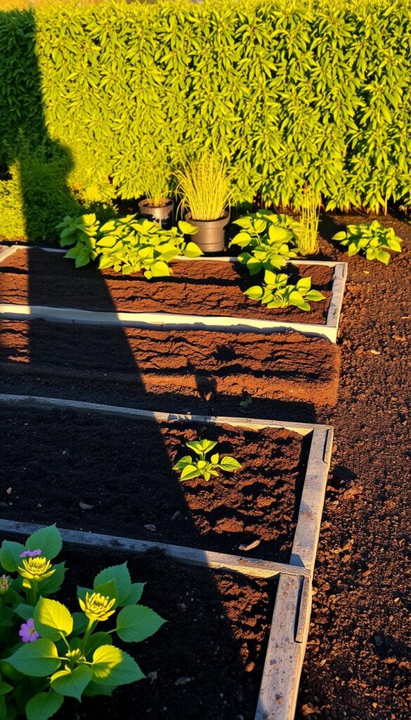 A tidy, well-organized flower garden in the golden hour. Neatly arranged raised garden beds with rich, dark soil, freshly tilled and free of debris. Vibrant, healthy plants with lush foliage and a few blooming flowers, casting long shadows across the beds. Soft, warm lighting illuminates the scene, creating a sense of tranquility and order. The beds are framed by lush, verdant greenery in the background, suggesting a serene, secluded setting. The overall atmosphere conveys a sense of tidiness, preparedness, and a garden in perfect harmony, ready to withstand the coming winter. A tidy, well-organized flower garden in the golden hour. Neatly arranged raised garden beds with rich, dark soil, freshly tilled and free of debris. Vibrant, healthy plants with lush foliage and a few blooming flowers, casting long shadows across the beds. Soft, warm lighting illuminates the scene, creating a sense of tranquility and order. The beds are framed by lush, verdant greenery in the background, suggesting a serene, secluded setting. The overall atmosphere conveys a sense of tidiness, preparedness, and a garden in perfect harmony, ready to withstand the coming winter.