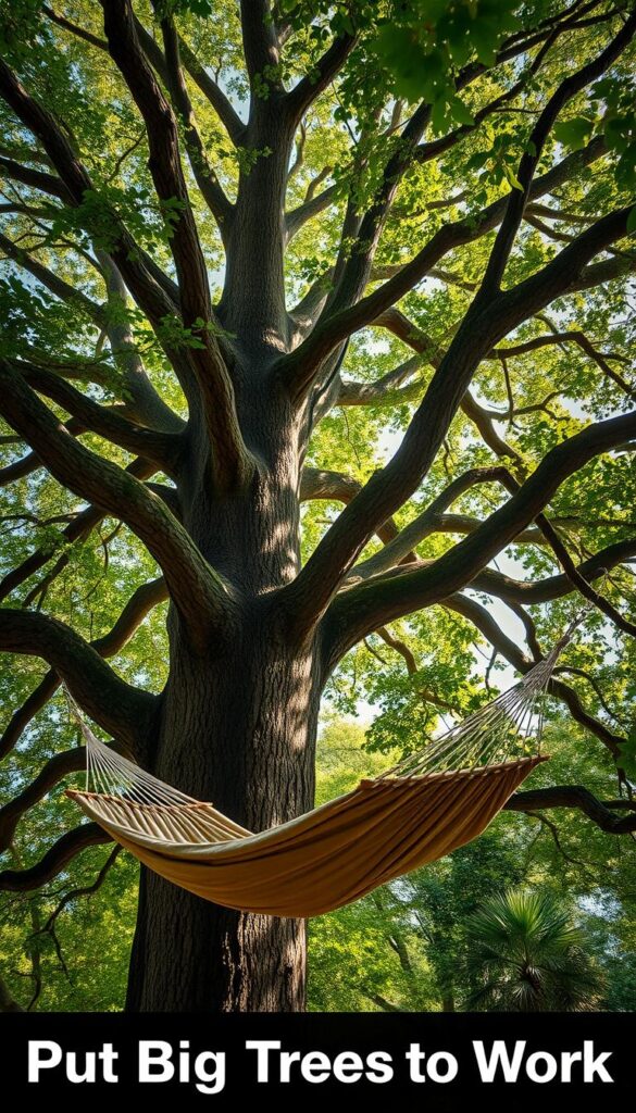 A towering oak tree, its broad canopy casting a gentle, dappled shade upon a serene outdoor scene. In the foreground, a hammock sways gently, its plush, earthy-toned fabric inviting relaxation. The hammock is suspended between two sturdy, gnarled branches, creating an idyllic moment of repose amidst the verdant foliage. The lighting is soft and natural, filtering through the leaves to bathe the scene in a warm, golden glow. The composition is well-balanced, with the tree's majestic presence framing the hammock, creating a harmonious interplay between nature and human comfort. An atmosphere of tranquility and escape pervades the image, perfectly capturing the essence of the "Put Big Trees to Work" section.