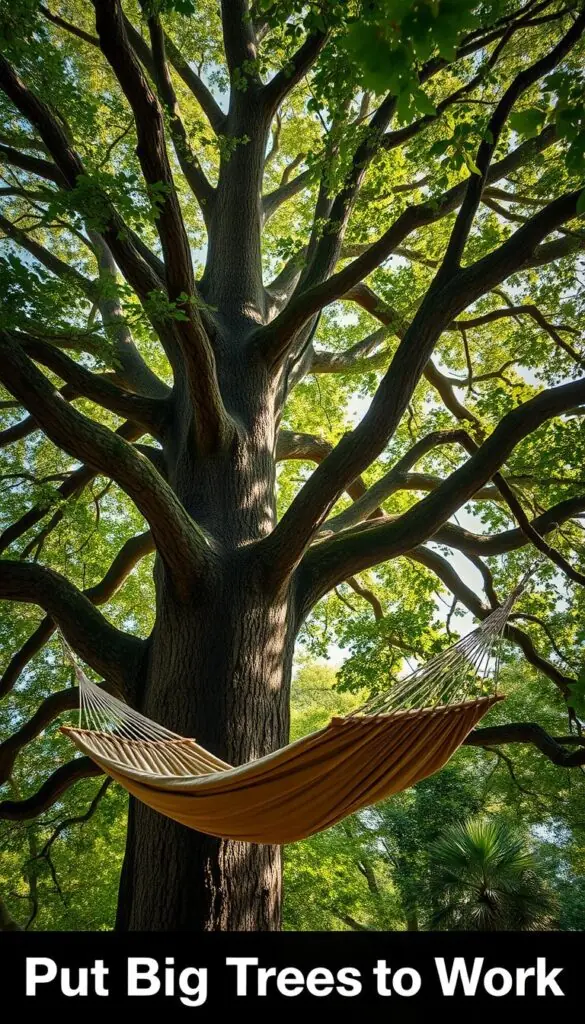 A towering oak tree, its broad canopy casting a gentle, dappled shade upon a serene outdoor scene. In the foreground, a hammock sways gently, its plush, earthy-toned fabric inviting relaxation. The hammock is suspended between two sturdy, gnarled branches, creating an idyllic moment of repose amidst the verdant foliage. The lighting is soft and natural, filtering through the leaves to bathe the scene in a warm, golden glow. The composition is well-balanced, with the tree's majestic presence framing the hammock, creating a harmonious interplay between nature and human comfort. An atmosphere of tranquility and escape pervades the image, perfectly capturing the essence of the "Put Big Trees to Work" section. A towering oak tree, its broad canopy casting a gentle, dappled shade upon a serene outdoor scene. In the foreground, a hammock sways gently, its plush, earthy-toned fabric inviting relaxation. The hammock is suspended between two sturdy, gnarled branches, creating an idyllic moment of repose amidst the verdant foliage. The lighting is soft and natural, filtering through the leaves to bathe the scene in a warm, golden glow. The composition is well-balanced, with the tree's majestic presence framing the hammock, creating a harmonious interplay between nature and human comfort. An atmosphere of tranquility and escape pervades the image, perfectly capturing the essence of the "Put Big Trees to Work" section.