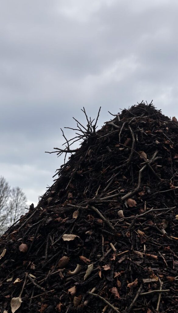 A towering pile of decaying organic matter, a tangled mix of fallen leaves, twigs, and grass clippings. The foreground is a mound of rich, dark compost, its surface textured with the gritty, earthy tones of decomposition. Wisps of steam rise from the center, hinting at the heat and microbial activity within. The middle ground features a scattering of half-buried branches and twigs, suggesting a once-vibrant structure now collapsing into the growing heap. In the background, a muted, overcast sky casts a somber, wintry mood, emphasizing the stark contrast between the vibrant life of the composting process and the dormant, cold season surrounding it. Dramatic side lighting accentuates the shadows and textures, creating a sense of depth and dimensionality within the pile. A towering pile of decaying organic matter, a tangled mix of fallen leaves, twigs, and grass clippings. The foreground is a mound of rich, dark compost, its surface textured with the gritty, earthy tones of decomposition. Wisps of steam rise from the center, hinting at the heat and microbial activity within. The middle ground features a scattering of half-buried branches and twigs, suggesting a once-vibrant structure now collapsing into the growing heap. In the background, a muted, overcast sky casts a somber, wintry mood, emphasizing the stark contrast between the vibrant life of the composting process and the dormant, cold season surrounding it. Dramatic side lighting accentuates the shadows and textures, creating a sense of depth and dimensionality within the pile.
