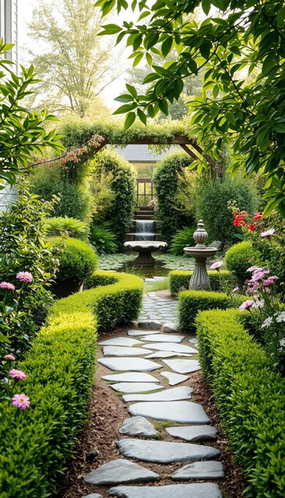 A tranquil backyard garden, lush with verdant foliage and vibrant blooms. In the foreground, a winding path of smooth river stones invites exploration, flanked by neatly trimmed hedges and delicate perennials. The middle ground features a serene water feature, its gentle ripples reflecting the soft natural light. In the background, a trellis-covered arbor frames the scene, creating a sense of intimacy and enclosure. The overall aesthetic is one of balance, harmony, and a retreat from the bustle of everyday life. A 35mm lens captures this idyllic small garden layout, conveying a sense of calm and contemplation. A tranquil backyard garden, lush with verdant foliage and vibrant blooms. In the foreground, a winding path of smooth river stones invites exploration, flanked by neatly trimmed hedges and delicate perennials. The middle ground features a serene water feature, its gentle ripples reflecting the soft natural light. In the background, a trellis-covered arbor frames the scene, creating a sense of intimacy and enclosure. The overall aesthetic is one of balance, harmony, and a retreat from the bustle of everyday life. A 35mm lens captures this idyllic small garden layout, conveying a sense of calm and contemplation.