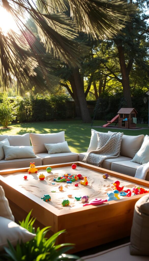 A tranquil backyard scene, a sandbox coffee table nestled amongst lush greenery. Warm afternoon sunlight filters through swaying trees, casting gentle shadows across the smooth wooden surface. The table is adorned with an array of colorful toys and trinkets, inviting exploration and imaginative play. Soft textures of cushions and blankets create a cozy, family-friendly ambiance. In the distance, a swing set and a playhouse hint at the joyful presence of children. The overall atmosphere is one of relaxation and togetherness, perfectly capturing the essence of "Family-Friendly Touches: Sandbox Coffee Table and Toy Storage".