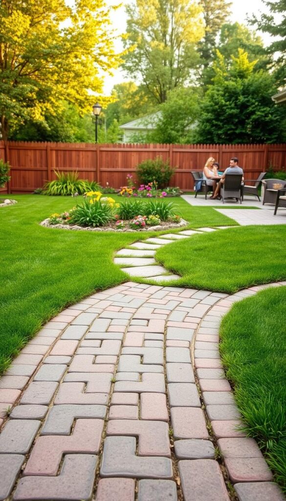 A tranquil backyard scene with a lush, verdant lawn. In the foreground, a well-maintained walkway made of interlocking pavers, leading to a patio area where a family gathers. The middle ground showcases a thriving garden, with vibrant flowers and shrubs. In the background, a sturdy wooden fence provides a natural barrier, protecting the lawn from high-traffic areas. Warm, soft lighting illuminates the scene, creating a serene and inviting atmosphere. The composition emphasizes the importance of creating designated pathways and protecting vulnerable lawn areas to prevent soil compaction and maintain a healthy, resilient outdoor space. A tranquil backyard scene with a lush, verdant lawn. In the foreground, a well-maintained walkway made of interlocking pavers, leading to a patio area where a family gathers. The middle ground showcases a thriving garden, with vibrant flowers and shrubs. In the background, a sturdy wooden fence provides a natural barrier, protecting the lawn from high-traffic areas. Warm, soft lighting illuminates the scene, creating a serene and inviting atmosphere. The composition emphasizes the importance of creating designated pathways and protecting vulnerable lawn areas to prevent soil compaction and maintain a healthy, resilient outdoor space.