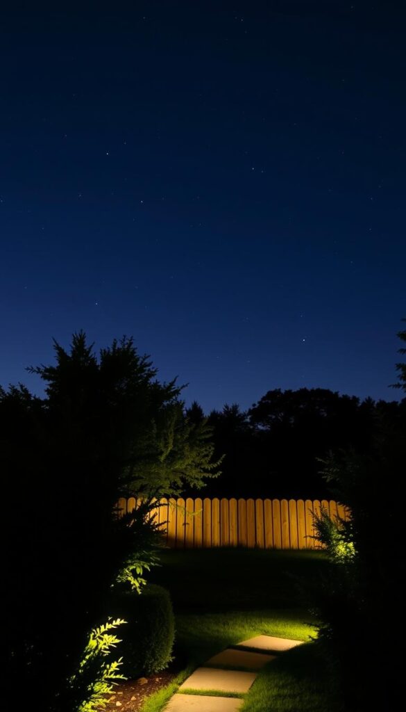 A tranquil backyard scene with a night sky illuminated by tasteful, downward-facing outdoor lighting. The lighting fixtures are positioned to avoid light pollution, casting a warm, ambient glow that highlights lush foliage and a meandering path. In the distance, the silhouettes of trees and a wooden fence create a serene, nature-inspired backdrop. The overall atmosphere is one of harmony and respect for the natural darkness of the night, providing a welcoming space for stargazing and enjoying the beauty of the cosmos. A tranquil backyard scene with a night sky illuminated by tasteful, downward-facing outdoor lighting. The lighting fixtures are positioned to avoid light pollution, casting a warm, ambient glow that highlights lush foliage and a meandering path. In the distance, the silhouettes of trees and a wooden fence create a serene, nature-inspired backdrop. The overall atmosphere is one of harmony and respect for the natural darkness of the night, providing a welcoming space for stargazing and enjoying the beauty of the cosmos.