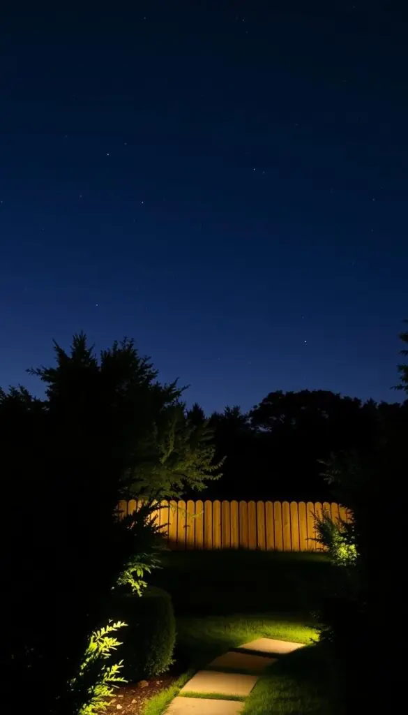A tranquil backyard scene with a night sky illuminated by tasteful, downward-facing outdoor lighting. The lighting fixtures are positioned to avoid light pollution, casting a warm, ambient glow that highlights lush foliage and a meandering path. In the distance, the silhouettes of trees and a wooden fence create a serene, nature-inspired backdrop. The overall atmosphere is one of harmony and respect for the natural darkness of the night, providing a welcoming space for stargazing and enjoying the beauty of the cosmos. A tranquil backyard scene with a night sky illuminated by tasteful, downward-facing outdoor lighting. The lighting fixtures are positioned to avoid light pollution, casting a warm, ambient glow that highlights lush foliage and a meandering path. In the distance, the silhouettes of trees and a wooden fence create a serene, nature-inspired backdrop. The overall atmosphere is one of harmony and respect for the natural darkness of the night, providing a welcoming space for stargazing and enjoying the beauty of the cosmos.