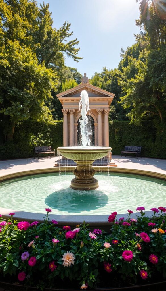 A tranquil, classical fountain stands as the centerpiece of a lush, verdant oasis. Sunlight gently dances across the cascading water, creating a mesmerizing display of light and motion. The fountain's elegant, symmetrical design features intricate stone carvings and a central figure that imbues the scene with a sense of timeless serenity. Surrounding the fountain are meticulously manicured flowerbeds, their vibrant hues complementing the soothing blues and grays of the water feature. A few scattered benches invite visitors to pause, relax, and immerse themselves in the peaceful ambiance of this idyllic summer retreat.