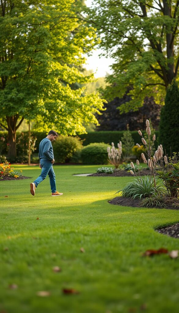 A tranquil early spring morning, the first soft sunlight filters through a lush, verdant yard. In the foreground, a person in casual attire strolls leisurely, eyes scanning the lawn and flowerbeds for any signs of winter's toll. The middle ground reveals a tidy, well-maintained garden, with a few dried leaves and twigs waiting to be cleared away. In the background, the vibrant green foliage of trees and shrubs creates a soothing, natural backdrop. The overall scene conveys a sense of renewal, as the homeowner prepares to revitalize their outdoor space after the dormant winter months.