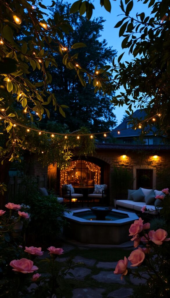 A tranquil garden at dusk, soft lighting casting a warm glow over lush foliage. Delicate string lights twinkle between swaying branches, illuminating a cozy seating area. Strategically placed spotlights highlight the intricate textures of flowering plants, their petals shimmering in the subtle illumination. A central water feature reflects the gentle lighting, creating a calming, meditative atmosphere. The scene is captured with a wide-angle lens, emphasizing the serene, inviting ambiance of this enchanting outdoor oasis.