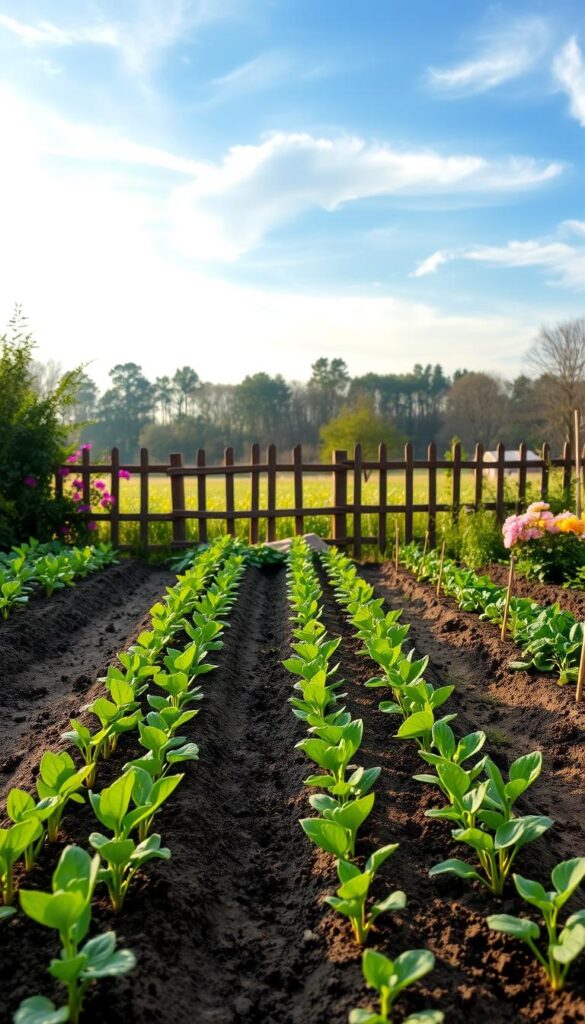 A tranquil garden scene in the early spring, with rows of freshly tilled soil ready for planting. Soft natural light filters through wispy clouds, casting a warm glow over the lush green foliage and vibrant blooming flowers. In the foreground, neat rows of vegetable seedlings await placement, their delicate leaves unfurling. A weathered wooden fence frames the middle ground, leading the eye to a distant tree-lined horizon. The atmosphere is one of peaceful anticipation, inviting the viewer to imagine the bountiful harvest soon to come. A tranquil garden scene in the early spring, with rows of freshly tilled soil ready for planting. Soft natural light filters through wispy clouds, casting a warm glow over the lush green foliage and vibrant blooming flowers. In the foreground, neat rows of vegetable seedlings await placement, their delicate leaves unfurling. A weathered wooden fence frames the middle ground, leading the eye to a distant tree-lined horizon. The atmosphere is one of peaceful anticipation, inviting the viewer to imagine the bountiful harvest soon to come.
