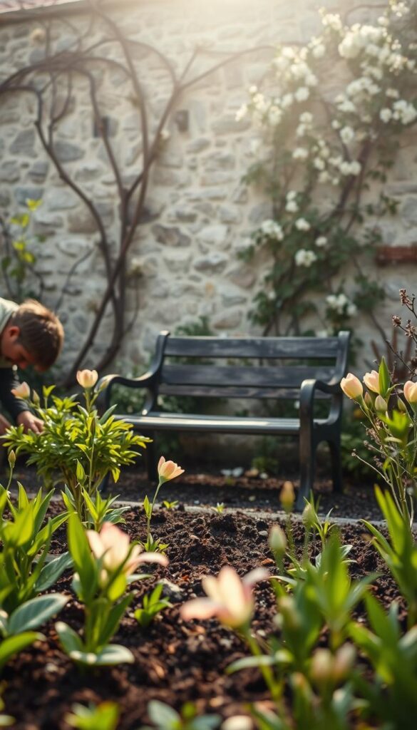 A tranquil garden scene under a soft, diffused light. In the foreground, a gardener carefully inspects the soil, examining the new growth emerging from the earth. Lush, verdant plants and flowers surround them, their petals gently swaying in the spring breeze. In the middle ground, a weathered wooden bench sits invitingly, beckoning the viewer to pause and appreciate the serene beauty. The background reveals a picturesque stone wall, partially obscured by climbing vines and delicate blossoms, creating a sense of timelessness and natural harmony. The overall mood is one of contemplation and the gentle renewal of the season.