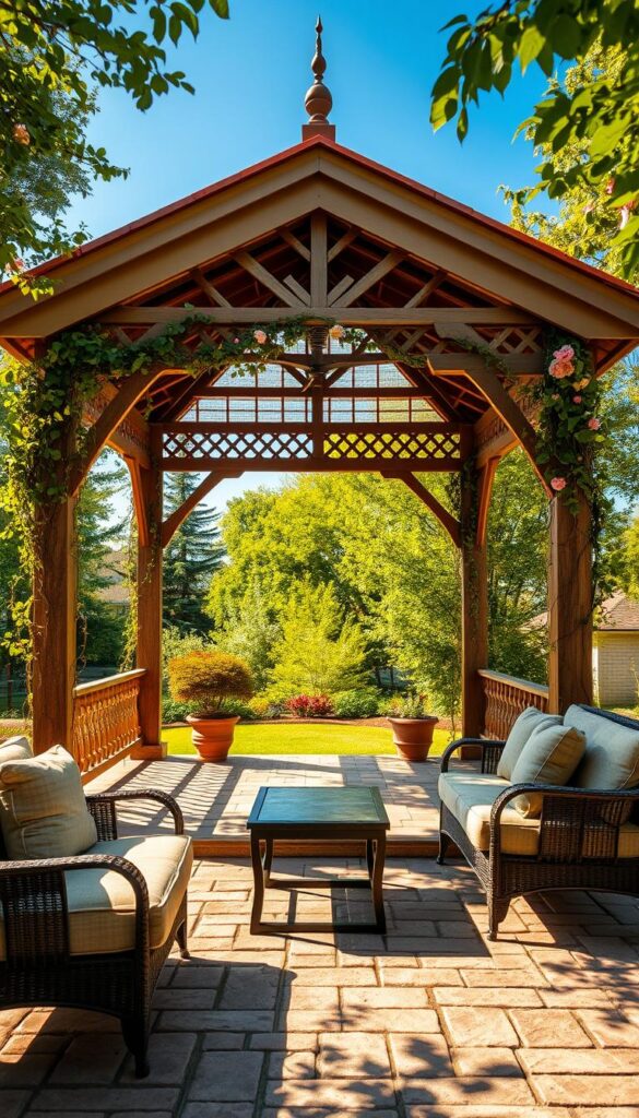 A tranquil gazebo nestled in a lush garden oasis, bathed in warm afternoon sunlight. The structure features intricate wooden latticework and a peaked roof, casting delicate shadows on the surrounding flagstone patio. Trailing vines and blooming flowers adorn the supports, creating a serene, nature-inspired retreat. In the foreground, plush outdoor furniture invites one to relax and unwind, while the background is framed by verdant trees and a clear blue sky, conveying a sense of peaceful seclusion. The overall scene evokes a calming, semi-enclosed space perfect for enjoying the outdoors. A tranquil gazebo nestled in a lush garden oasis, bathed in warm afternoon sunlight. The structure features intricate wooden latticework and a peaked roof, casting delicate shadows on the surrounding flagstone patio. Trailing vines and blooming flowers adorn the supports, creating a serene, nature-inspired retreat. In the foreground, plush outdoor furniture invites one to relax and unwind, while the background is framed by verdant trees and a clear blue sky, conveying a sense of peaceful seclusion. The overall scene evokes a calming, semi-enclosed space perfect for enjoying the outdoors.
