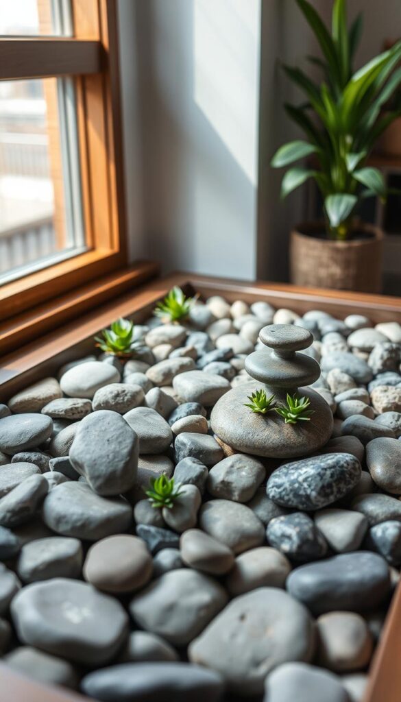 A tranquil indoor Zen garden with a carefully arranged display of smooth river rocks, miniature succulents, and a small decorative water feature. The scene is bathed in soft, natural lighting from a nearby window, creating a serene and contemplative atmosphere. The stones are strategically placed to guide the eye and encourage mindful focus. The succulents add pops of verdant color, complementing the grays and browns of the rocks. A small tabletop water fountain gently bubbles, its soothing sounds contributing to the overall sense of peace and relaxation. The camera captures this harmonious composition from a slightly elevated angle, inviting the viewer to step into this calming oasis. A tranquil indoor Zen garden with a carefully arranged display of smooth river rocks, miniature succulents, and a small decorative water feature. The scene is bathed in soft, natural lighting from a nearby window, creating a serene and contemplative atmosphere. The stones are strategically placed to guide the eye and encourage mindful focus. The succulents add pops of verdant color, complementing the grays and browns of the rocks. A small tabletop water fountain gently bubbles, its soothing sounds contributing to the overall sense of peace and relaxation. The camera captures this harmonious composition from a slightly elevated angle, inviting the viewer to step into this calming oasis.