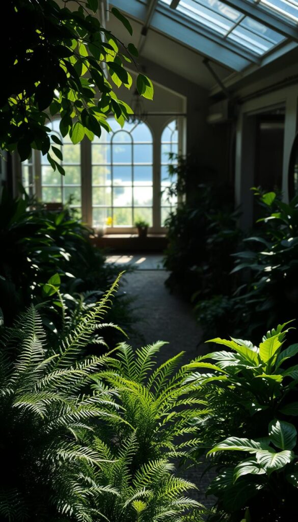 A tranquil indoor garden scene with lush, verdant foliage casting gentle shadows across a cozy, dimly lit room. In the foreground, a variety of shade-loving houseplants - from delicate ferns to robust ZZ plants - thrive in an artfully arranged display. The middle ground features a winding path leading to a quaint seating area, where natural light filters in through large windows, creating a serene and inviting ambiance. The background is softly blurred, hinting at the tranquil outdoor landscape beyond. The overall composition conveys a sense of peaceful retreat, with thoughtful attention to the balanced interplay of light and shadow that characterizes successful shade gardening. A tranquil indoor garden scene with lush, verdant foliage casting gentle shadows across a cozy, dimly lit room. In the foreground, a variety of shade-loving houseplants - from delicate ferns to robust ZZ plants - thrive in an artfully arranged display. The middle ground features a winding path leading to a quaint seating area, where natural light filters in through large windows, creating a serene and inviting ambiance. The background is softly blurred, hinting at the tranquil outdoor landscape beyond. The overall composition conveys a sense of peaceful retreat, with thoughtful attention to the balanced interplay of light and shadow that characterizes successful shade gardening.