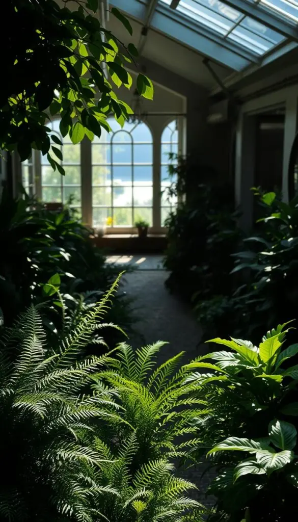 A tranquil indoor garden scene with lush, verdant foliage casting gentle shadows across a cozy, dimly lit room. In the foreground, a variety of shade-loving houseplants - from delicate ferns to robust ZZ plants - thrive in an artfully arranged display. The middle ground features a winding path leading to a quaint seating area, where natural light filters in through large windows, creating a serene and inviting ambiance. The background is softly blurred, hinting at the tranquil outdoor landscape beyond. The overall composition conveys a sense of peaceful retreat, with thoughtful attention to the balanced interplay of light and shadow that characterizes successful shade gardening. A tranquil indoor garden scene with lush, verdant foliage casting gentle shadows across a cozy, dimly lit room. In the foreground, a variety of shade-loving houseplants - from delicate ferns to robust ZZ plants - thrive in an artfully arranged display. The middle ground features a winding path leading to a quaint seating area, where natural light filters in through large windows, creating a serene and inviting ambiance. The background is softly blurred, hinting at the tranquil outdoor landscape beyond. The overall composition conveys a sense of peaceful retreat, with thoughtful attention to the balanced interplay of light and shadow that characterizes successful shade gardening.