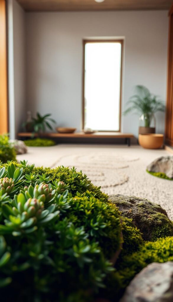 A tranquil indoor zen garden, meticulously maintained. Lush, verdant foliage in the foreground, featuring delicate succulents and mosses arranged in a harmonious composition. Soft, diffused natural lighting filters through a window, casting gentle shadows and highlights. In the middle ground, a zen-inspired sand rake pattern, perfectly groomed, invites contemplation. The background showcases a minimalist decor, with earthy tones and natural materials, creating a serene, spa-like ambiance. The overall atmosphere exudes a sense of balance, harmony, and peaceful rejuvenation. A tranquil indoor zen garden, meticulously maintained. Lush, verdant foliage in the foreground, featuring delicate succulents and mosses arranged in a harmonious composition. Soft, diffused natural lighting filters through a window, casting gentle shadows and highlights. In the middle ground, a zen-inspired sand rake pattern, perfectly groomed, invites contemplation. The background showcases a minimalist decor, with earthy tones and natural materials, creating a serene, spa-like ambiance. The overall atmosphere exudes a sense of balance, harmony, and peaceful rejuvenation.