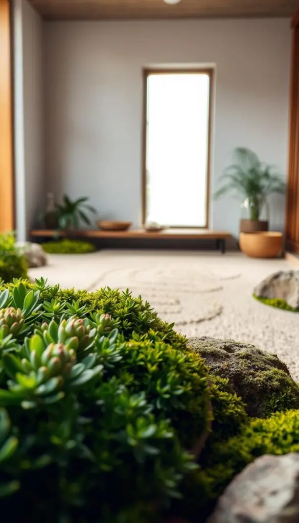 A tranquil indoor zen garden, meticulously maintained. Lush, verdant foliage in the foreground, featuring delicate succulents and mosses arranged in a harmonious composition. Soft, diffused natural lighting filters through a window, casting gentle shadows and highlights. In the middle ground, a zen-inspired sand rake pattern, perfectly groomed, invites contemplation. The background showcases a minimalist decor, with earthy tones and natural materials, creating a serene, spa-like ambiance. The overall atmosphere exudes a sense of balance, harmony, and peaceful rejuvenation.