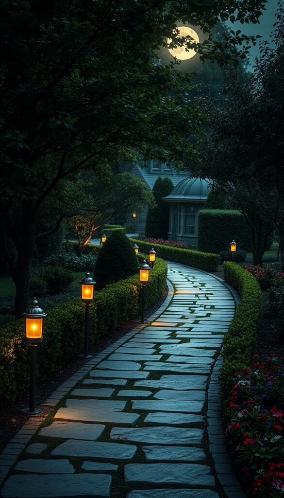 A tranquil path winding through a lush garden, dotted with delicate path lights that cast a warm, inviting glow. The lights, made of weathered metal and frosted glass, are positioned at intervals along the stone pathway, gently guiding visitors deeper into the serene landscape. Overhead, a canopy of leafy trees filters the moonlight, creating a soft, atmospheric ambiance. The path is flanked by neatly trimmed hedges and vibrant flower beds, adding depth and texture to the scene. The entire composition evokes a sense of calm and enchantment, inviting the viewer to slow down and savor the beauty of the outdoor space. A tranquil path winding through a lush garden, dotted with delicate path lights that cast a warm, inviting glow. The lights, made of weathered metal and frosted glass, are positioned at intervals along the stone pathway, gently guiding visitors deeper into the serene landscape. Overhead, a canopy of leafy trees filters the moonlight, creating a soft, atmospheric ambiance. The path is flanked by neatly trimmed hedges and vibrant flower beds, adding depth and texture to the scene. The entire composition evokes a sense of calm and enchantment, inviting the viewer to slow down and savor the beauty of the outdoor space.
