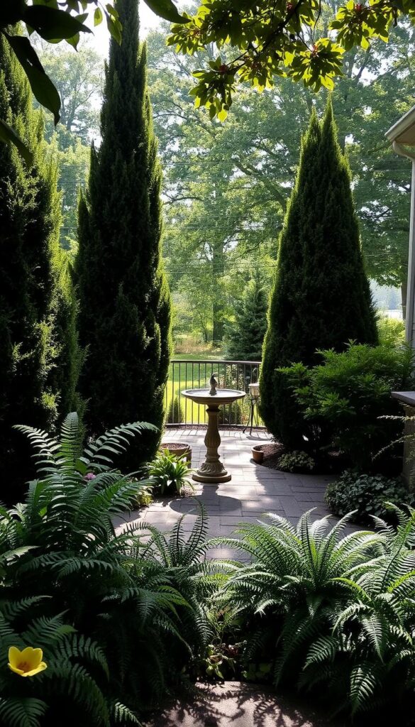 A tranquil patio garden, dappled in partial shade. In the foreground, lush foliage of ferns and hostas softly sway, their delicate textures catching the filtered sunlight. Towering evergreen shrubs frame the scene, casting gentle shadows that dance across the weathered stone pavers. In the middle ground, a birdbath glistens, its surface rippled by the occasional visiting bird. The background is a hazy vista of verdant trees, their canopies creating a natural canopy overhead. The atmosphere is serene and contemplative, evoking a sense of peaceful solitude on a quiet morning. A tranquil patio garden, dappled in partial shade. In the foreground, lush foliage of ferns and hostas softly sway, their delicate textures catching the filtered sunlight. Towering evergreen shrubs frame the scene, casting gentle shadows that dance across the weathered stone pavers. In the middle ground, a birdbath glistens, its surface rippled by the occasional visiting bird. The background is a hazy vista of verdant trees, their canopies creating a natural canopy overhead. The atmosphere is serene and contemplative, evoking a sense of peaceful solitude on a quiet morning.