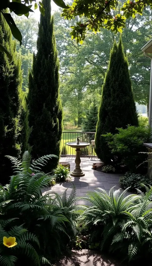 A tranquil patio garden, dappled in partial shade. In the foreground, lush foliage of ferns and hostas softly sway, their delicate textures catching the filtered sunlight. Towering evergreen shrubs frame the scene, casting gentle shadows that dance across the weathered stone pavers. In the middle ground, a birdbath glistens, its surface rippled by the occasional visiting bird. The background is a hazy vista of verdant trees, their canopies creating a natural canopy overhead. The atmosphere is serene and contemplative, evoking a sense of peaceful solitude on a quiet morning.