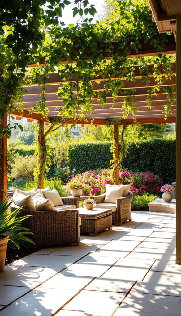 A tranquil patio nestled in a lush backyard oasis, bathed in warm, natural light. Smooth stone pavers lead to a cozy seating area, where plush outdoor furniture invites relaxation. In the middle ground, a wooden pergola casts gentle shadows, intertwined with cascading vines. The background features a vibrant, meticulously-tended garden, with colorful blooms and verdant foliage framing the scene. The overall atmosphere is one of harmony and inviting ambiance, perfect for an intimate gathering or quiet contemplation.