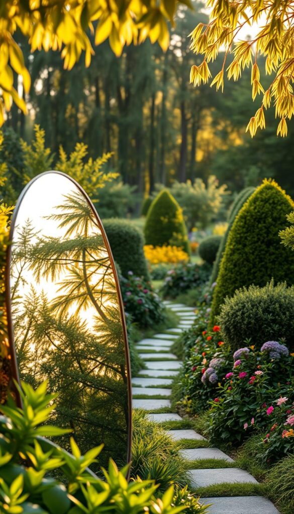 A tranquil safety mirror garden, nestled amidst lush foliage. In the foreground, a gently curved, high-gloss mirror reflects the surrounding greenery, creating the illusion of depth and spatial expansion. Strategically placed to deter birds and pets from hazardous paths, the mirror's reflective surface catches the soft, natural light, casting a warm, inviting glow. In the middle ground, a winding path meanders through the garden, bordered by carefully pruned shrubs and flowers that add pops of color. The background features a blend of towering trees and wispy, translucent leaves, creating a serene, nature-infused ambiance. The entire scene is bathed in a golden, late-afternoon hue, evoking a sense of calm and relaxation. A tranquil safety mirror garden, nestled amidst lush foliage. In the foreground, a gently curved, high-gloss mirror reflects the surrounding greenery, creating the illusion of depth and spatial expansion. Strategically placed to deter birds and pets from hazardous paths, the mirror's reflective surface catches the soft, natural light, casting a warm, inviting glow. In the middle ground, a winding path meanders through the garden, bordered by carefully pruned shrubs and flowers that add pops of color. The background features a blend of towering trees and wispy, translucent leaves, creating a serene, nature-infused ambiance. The entire scene is bathed in a golden, late-afternoon hue, evoking a sense of calm and relaxation.